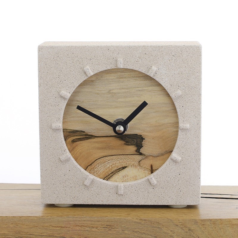 Jesmonite Mantel Clock 1 - Natural Stone with a figured English Sycamore Face