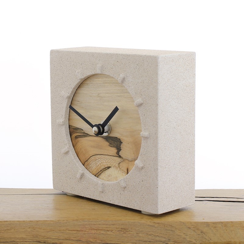 Jesmonite Mantel Clock 1 - Natural Stone with a figured English Sycamore Face