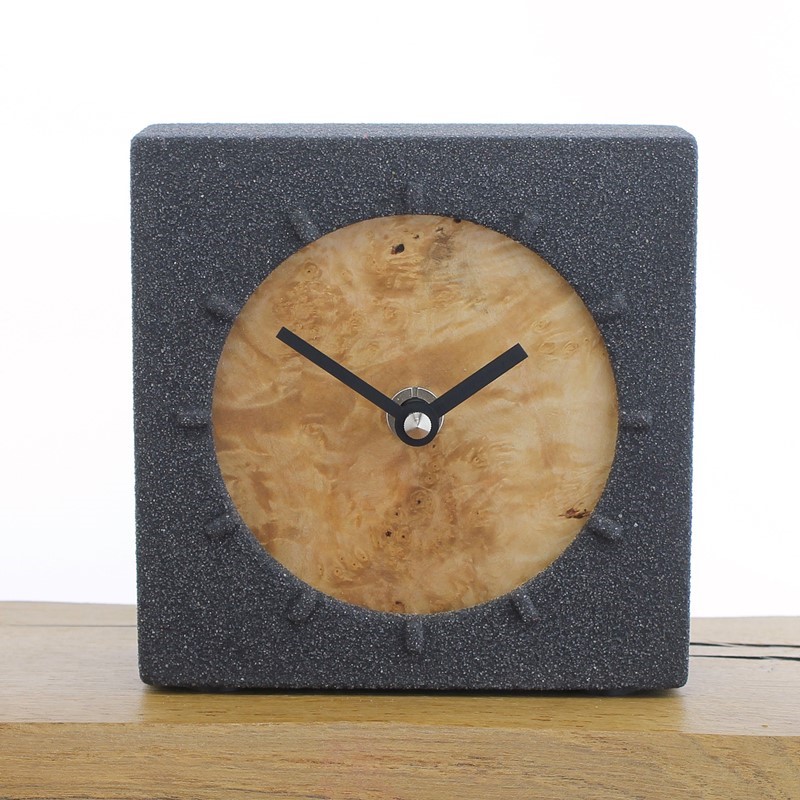 Jesmonite Mantel Clock 3 - Charcoal Stone with English Burr Pine Face