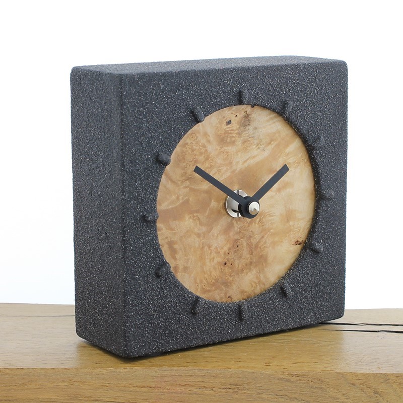 Jesmonite Mantel Clock 3, Charcoal Stone Finish with English Burr Pine Face