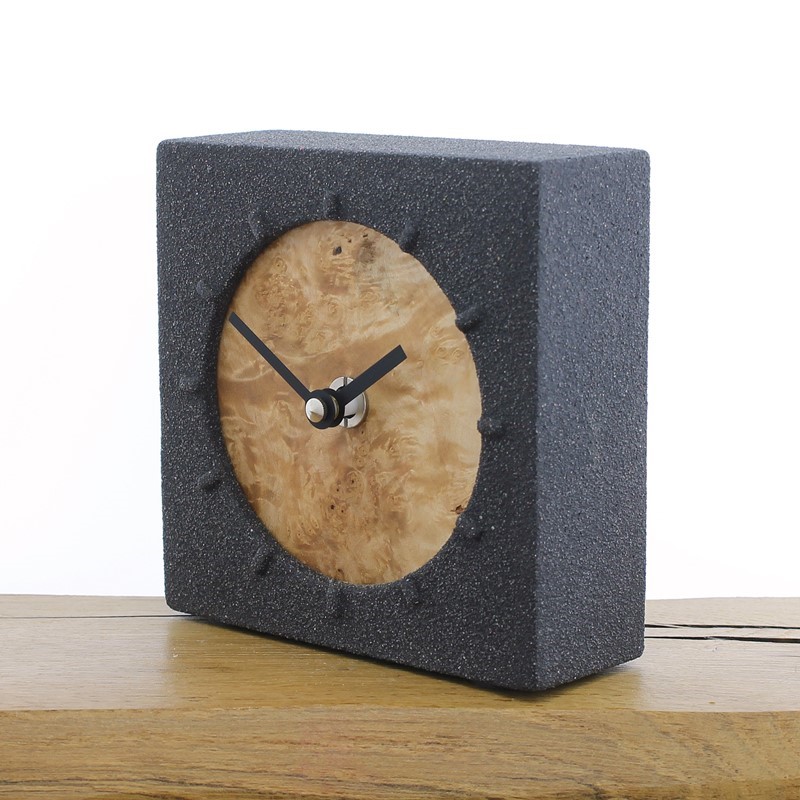 Jesmonite Mantel Clock 3 - Charcoal Stone with English Burr Pine Face