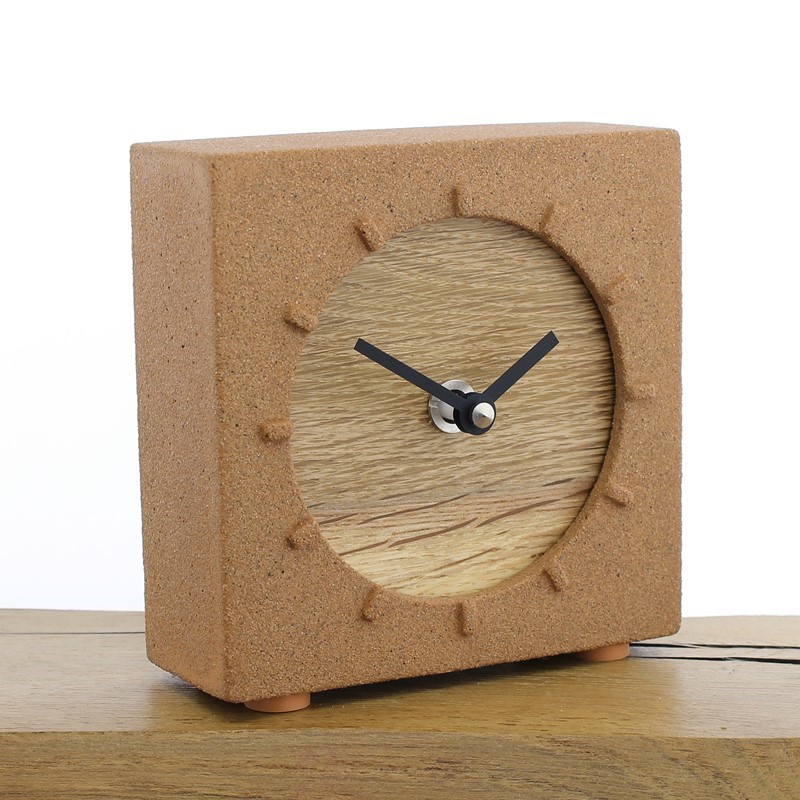 Jesmonite Mantel Clock 2, Terracotta Stone Finish with English Oak Face