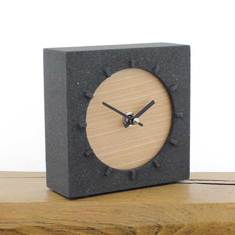 Jesmonite Mantel Clock 5, Charcoal Stone Finish with English Beech Face