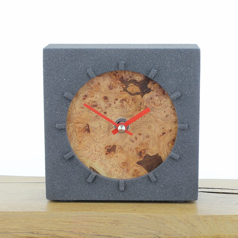 Jesmonite Mantel Clock 7 - Charcoal Stone with Burr Pine Face