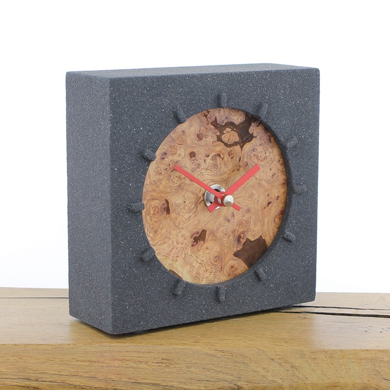 Jesmonite Mantel Clock 1, Charcoal Stone Finish with Burr Pine Face