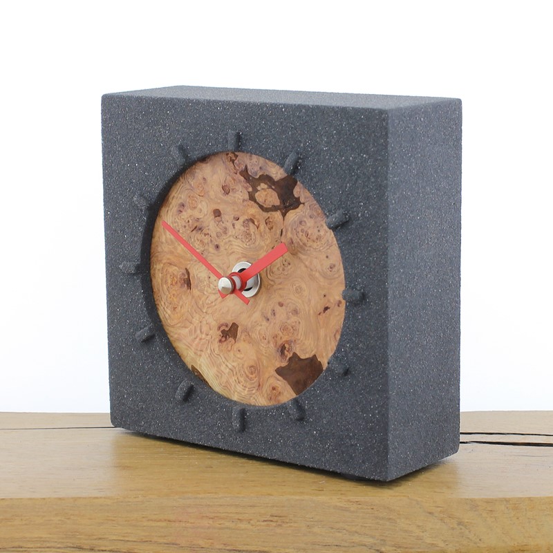 Jesmonite Mantel Clock 7 - Charcoal Stone with Burr Pine Face