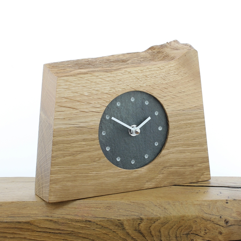 Mantel Clock 1, Solid English Oak Mantel Clock with a Reclaimed Lakeland Slate Face