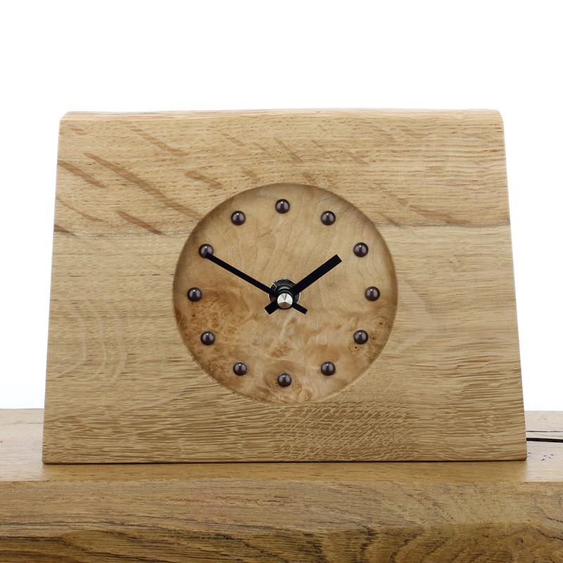 Mantel Clock 3, Solid English Oak Mantel Clock with a Burr  Pine Face