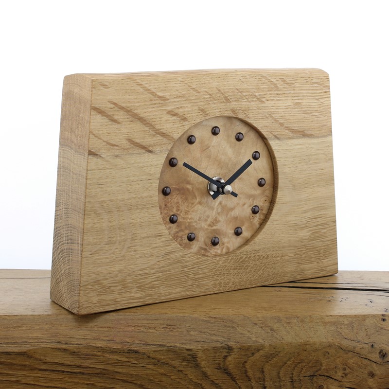 Mantel Clock 3, Solid English Oak Mantel Clock with Burr Pine Face