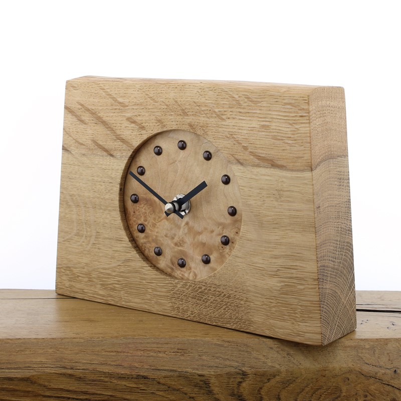 Mantel Clock 3, Solid English Oak Mantel Clock with a Burr  Pine Face